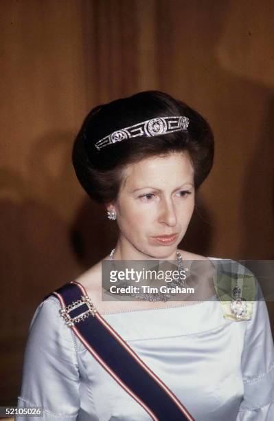 Princess Anne Attending A Guildhall Banquet. The Princess Is Wearing A Tiara And The Royal Family Order Of Q. Elizabeth II Pinned On A Yellow Ribbon.