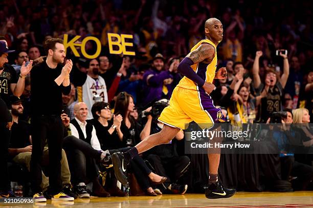 Kobe Bryant of the Los Angeles Lakers reacts in the third quarter against the Utah Jazz at Staples Center on April 13, 2016 in Los Angeles,...