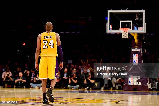 Kobe Bryant of the Los Angeles Lakers reacts while taking on the Utah Jazz at Staples Center on April 13, 2016 in Los Angeles, California. NOTE TO...