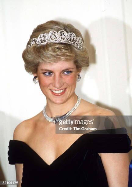 Princess Of Wales In Bonn, Germany Wearing Sapphire And Diamond Jewels Which Were A Gift From The Sultan Of Oman With A Dress Designed By Fashion...