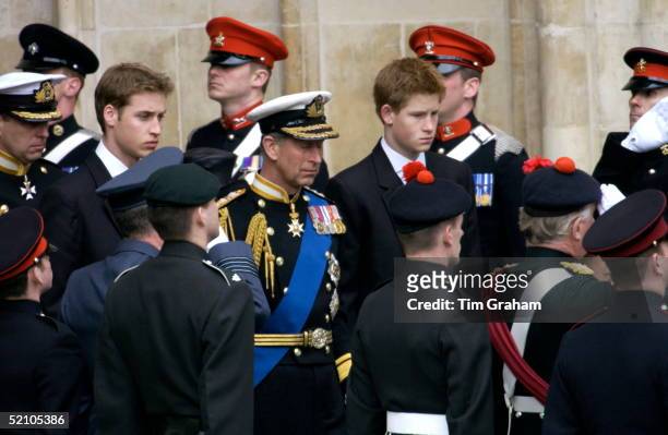 The Royal Family Gather At Westminster Abbey For The Funeral Of The Queen Mother Who Had Lived To The Age Of 101. Walking Between His Sons Prince...