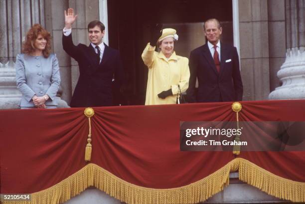 The Queen And Prince Philip With Prince Andrew And His Fiancee Sarah Ferguson On The Balcony Of Buckingham Palace To Celebrate The Queen's 60th...