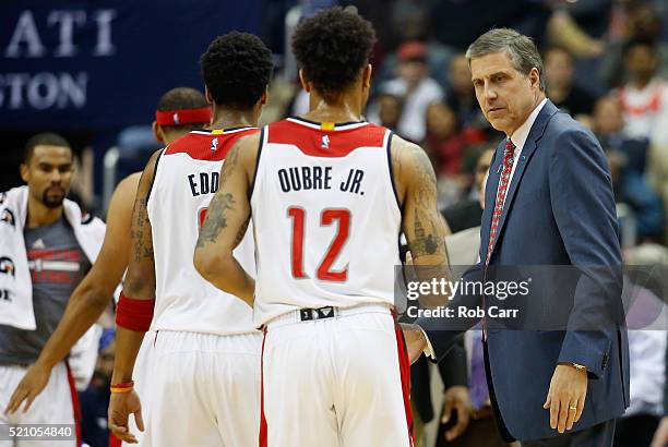 Head coach Randy Wittman of the Washington Wizards looks on in the first half against the Atlanta Hawks at Verizon Center on April 13, 2016 in...