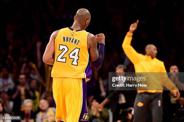 Kobe Bryant of the Los Angeles Lakers reacts in the fourth quarter while taking on the Utah Jazz at Staples Center on April 13, 2016 in Los Angeles,...