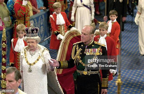 Prince Philip Holding The Queen's Hand In The Procession At The State Opening Of Parliament, House Of Lords, Palace Of Westminster, London. The Pages...