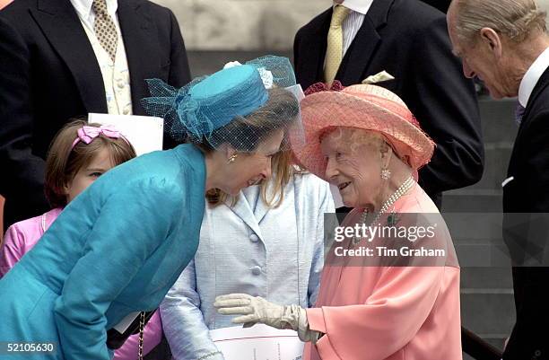 Princess Anne [ Princess Royal ] Chatting With Queen Mother At A Thanksgiving Service At St. Paul's Cathedral For The 100th Birthday Of The Queen...