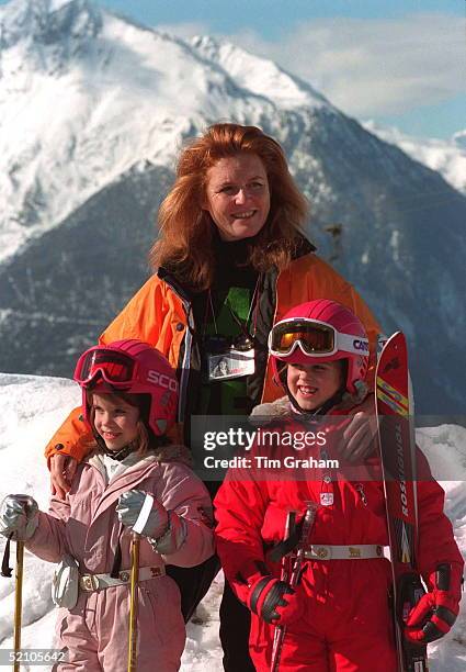 The Duchess Of York With Her Daughters, Princess Beatrice And Princess Eugenie, On Holiday In Verbier, Switzerland.