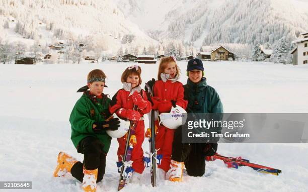 Prince William And Prince Harry With Princess Beatrice And Princess Eugenie In Klosters, Switzerland
