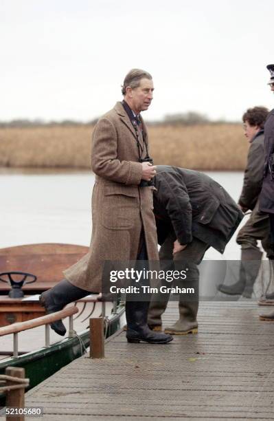 Prince Charles, Patron Of The Wildlife Trusts, Visiting The Norfolk Wildlife Trust, Hickling Broad, Norfolk. Climbing Off The Traditional Reed...