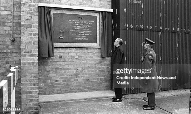 The Taoiseach Mr. Liam Cosgrave at Casement Aerodrome unveiling a plaque to commemorate the flight of the Bremen on April 12th 1928. On the right is...