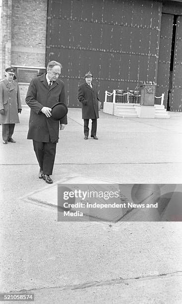 The Taoiseach Mr. Liam Cosgrave, beside the marble tablet which marks the spot at Casement Aerodrome from which the Bremen started its take-off on...