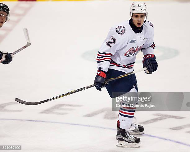 Forward Domenic Commisso of the Oshawa Generals skates against the Windsor Spitfires on January 14, 2016 at the WFCU Centre in Windsor, Ontario,...