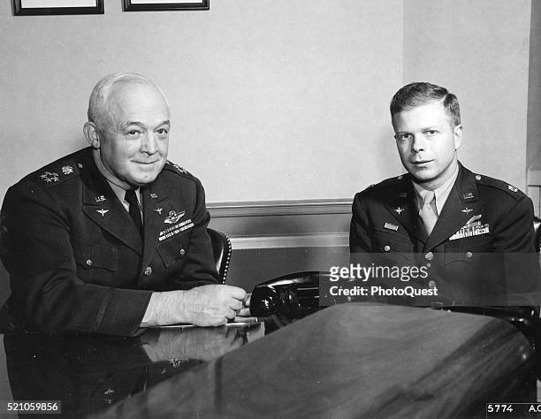 Portrait of American military commander General of the Army and Air Force Henry H Arnold and Major Richard I Bong after Bong had been awarded the...