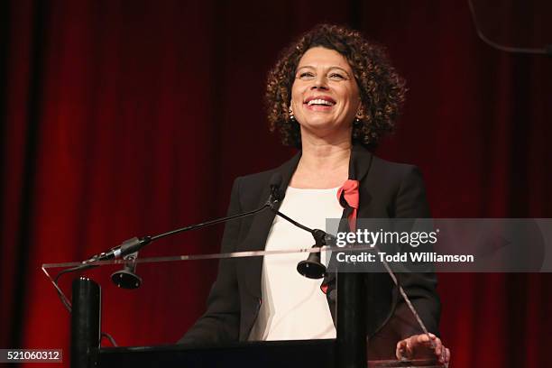 Universal Pictures Chairman Donna Langley speaks onstage during the 2016 Will Rogers Pioneer of the Year Dinner Honoring Donna Langley at Caesars...