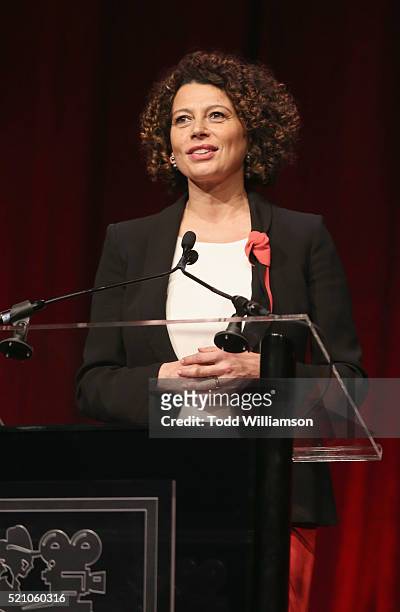 Universal Pictures Chairman Donna Langley speaks onstage during the 2016 Will Rogers Pioneer of the Year Dinner Honoring Donna Langley at Caesars...