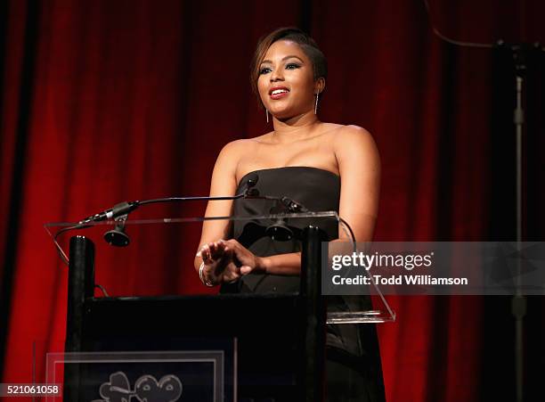 Personality Alicia Quarles speaks onstage during the 2016 Will Rogers Pioneer of the Year Dinner Honoring Donna Langley at Caesars Palace during...