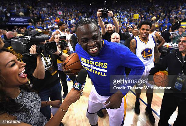 Draymond Green of the Golden State Warriors reacts after the Warriors defeated the Memphis Grizzlies 125-104 at ORACLE Arena on April 13, 2016 in...