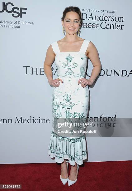 Actress Emilia Clarke arrives at Sean Parker And The Parker Foundation Launch The Parker Institute For Cancer Immunotherapy Gala on April 13, 2016 in...