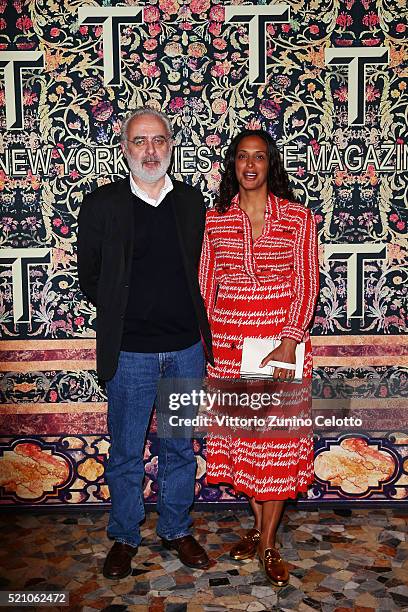 Francesco Bonami and Vanessa Riding attend the T Celebration of Culture Issue And Milan Design Week at Palazzo Crespi on April 11, 2016 in Milan,...