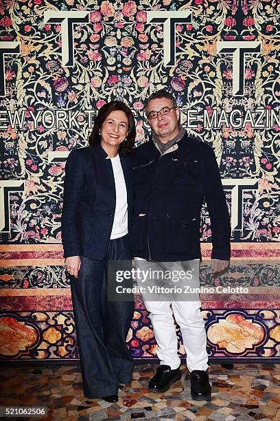 Guest and Martino Berghinz attend the T Celebration of Culture Issue And Milan Design Week at Palazzo Crespi on April 11, 2016 in Milan, Italy.