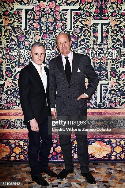 Herve Van Der Straeten and Marco Voena attend the T Celebration of Culture Issue And Milan Design Week at Palazzo Crespi on April 11, 2016 in Milan,...