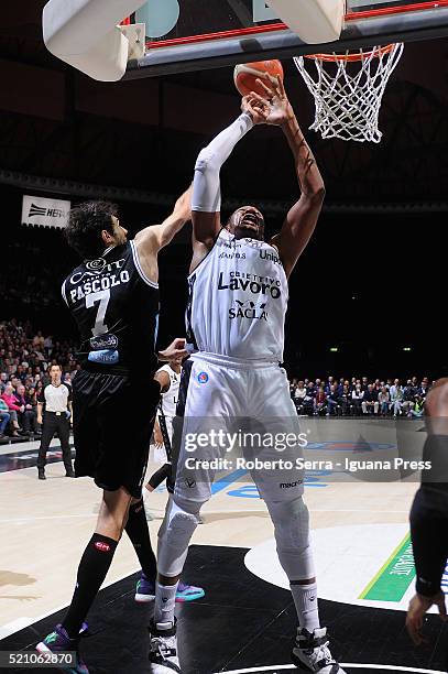 Dexter Pittman of Obiettivo Lavoro competes with Davide Pascolo of Dolomiti Energia during the LegaBasket match between Virtus Obiettivo Lavoro...