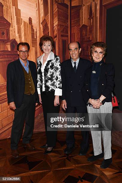 Roberto Peregalli, Letizia Moratti, Gianmarco Moratti and attend the T Celebration of Culture Issue And Milan Design Week at Palazzo Crespi on April...
