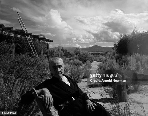 Portrait of American artist Georgia O'Keeffe as she poses outside her home, Ghost Ranch, New Mexico, August 2, 1968.