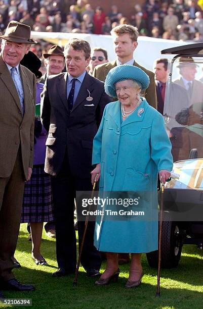 The Queen Mother Attending The National Hunt Festival At Cheltenham Racecourse, Gloucestershire [ Cheltenham Races ]. Using Two Walking Sticks To...