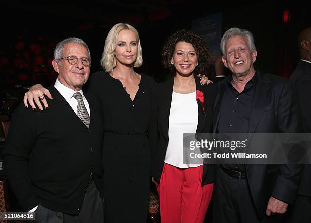 Vice Chairman of NBCUniversal Ron Meyer, actress Charlize Theron and Universal Pictures Chairman Donna Langley attend the 2016 Will Rogers Pioneer...