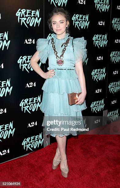 Actress Imogen Poots attends the Premiere of A24's "Green Room" at ArcLight Hollywood on April 13, 2016 in Hollywood, California.