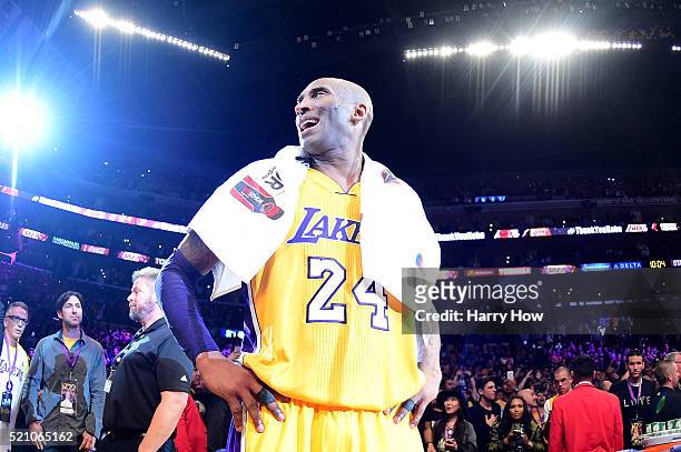 Kobe Bryant of the Los Angeles Lakers celebrates after scoring 60 points in his final NBA game at Staples Center on April 13, 2016 in Los Angeles,...
