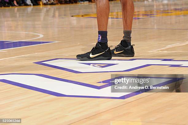 General view of commemorative Mamba Day sneakers worn by Kobe Bryant of the Los Angeles Lakers during the Utah Jazz game on April 13, 2016 at Staples...