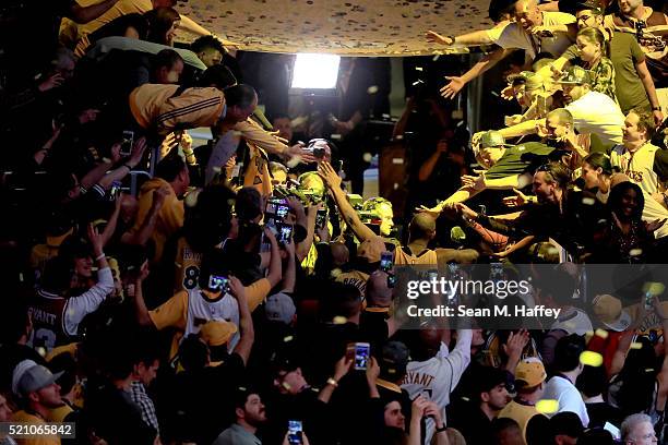 Kobe Bryant of the Los Angeles Lakers walks through the tunnel after scoring 60 points against the Utah Jazz at Staples Center on April 13, 2016 in...