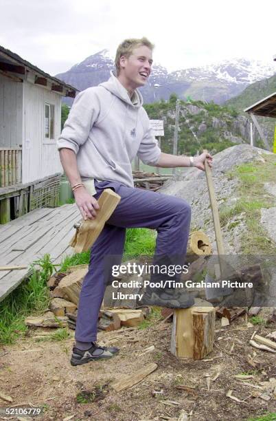 Prince William During His Raleigh International Expedition In Southern Chile, Chops Logs Outside The Team's Accommodation In The Village Of Tortel.
