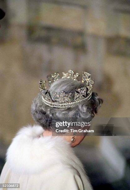 The Queen Wears The King George Iv State Diadem Which Is Decorated With Symbolic Roses, Shamrock And Thistle. It Was Worn By Queen Victoria And Queen...