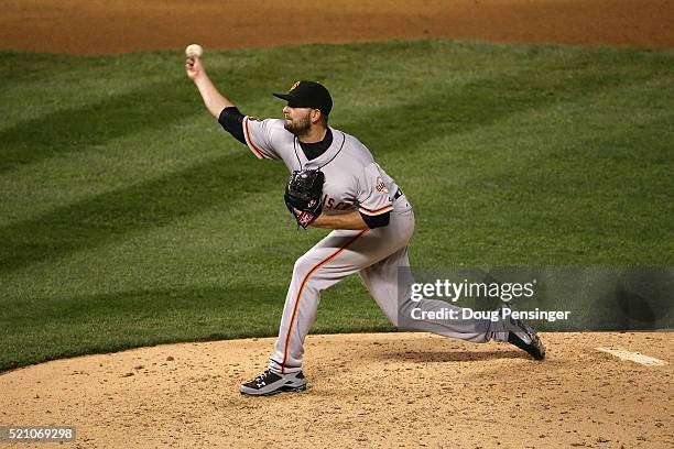 Chris Heston of the San Francisco Giants delivers against the Colorado Rockies at Coors Field on April 13, 2016 in Denver, Colorado. The Rockies...