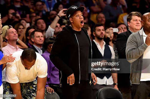 Jay-Z reacts late in the fourth quarter as the Los Angeles Lakers take on the Utah Jazz at Staples Center on April 13, 2016 in Los Angeles,...