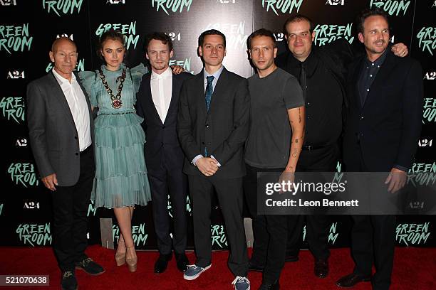 Patrick Stewart, Imogen Poots, Anton Yelchin, Director Jeremy Saulnier, Mark Webber, Eric Edelstein and Kai Lennox attends the premiere of A24's...