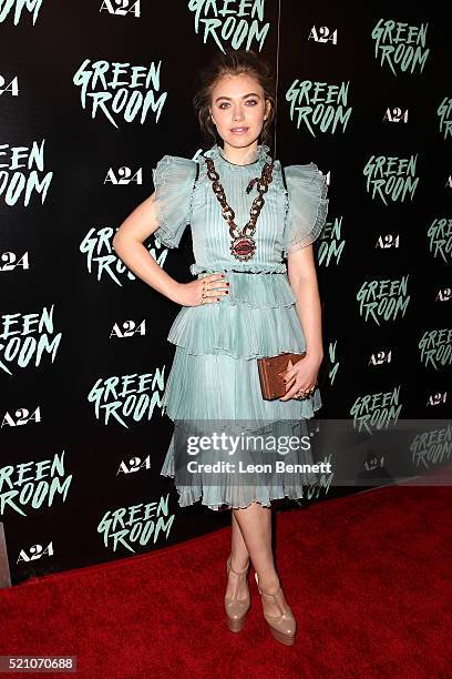 Actress Imogen Poots attends the premiere of A24's "Green Room" at ArcLight Hollywood on April 13, 2016 in Hollywood, California.