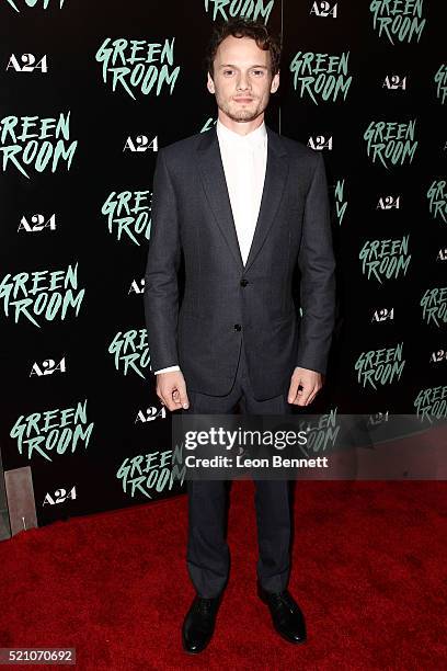 Actor Anton Yelchin attends the premiere of A24's "Green Room" at ArcLight Hollywood on April 13, 2016 in Hollywood, California.