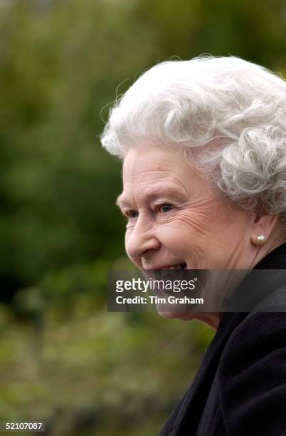 The Royal Family Back At Work During Their Period Of Mourning. Queen Elizabeth Ll Smiling While Visiting The Royal School In Windsor Great Park.