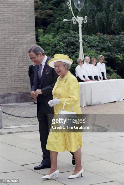The Queen With King Constantine Of Greece Arriving For The Wedding Reception For Princess Alexia Of Greece And Carlos Morales Quintana At Kenwood...