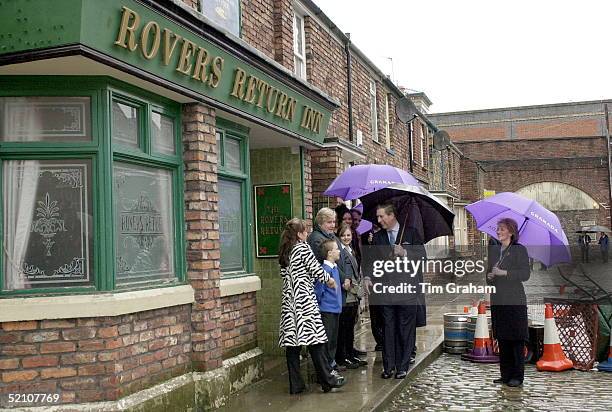 Prince Charles Visiting The Set Of The Television Series 'coronation Street' To Celebrate The Programme's 40th Anniversary. Outside The Rovers Return...