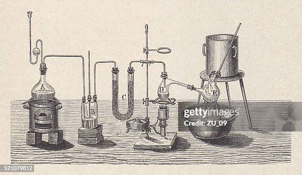 ilustraciones, imágenes clip art, dibujos animados e iconos de stock de química laboratorio en el pasado, grabado en madera, publicado 1880 - alchemy
