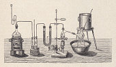 Chemistry laboratory in the past, wood engraving, published in 1880