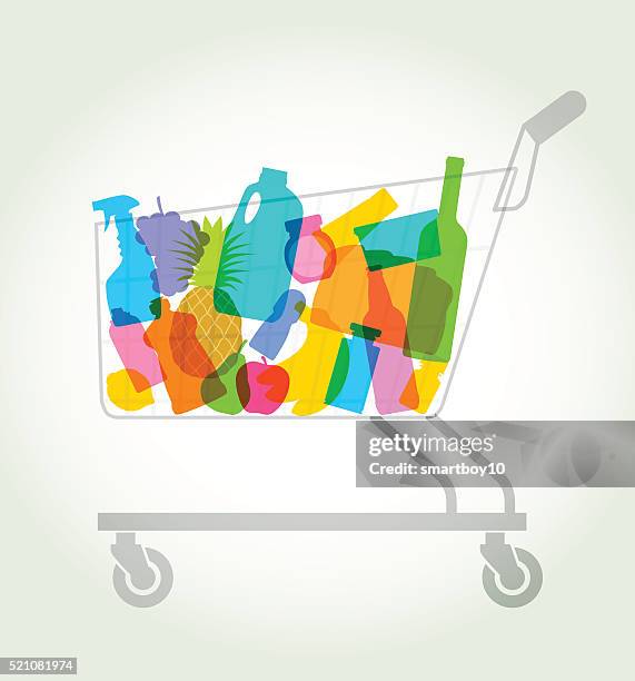 shopping or supermarket trolley - supermarket products stock illustrations