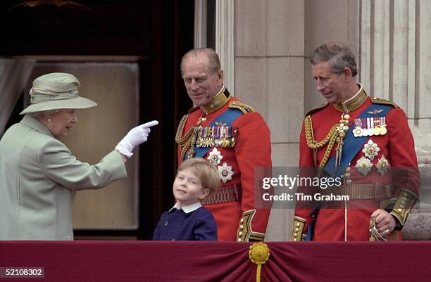 The Queen Pointing At Prince Charles [ Prince Of Wales ] Whilst Talking To Lady Helen And Tim Taylor's Son, Columbus. Prince Philip [ Duke Of...