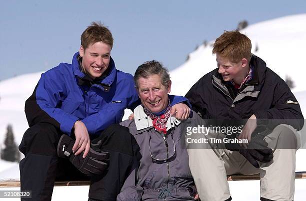 Prince Charles, Prince William And Prince Harry On A Skiing Holiday In Klosters, Switzerland.