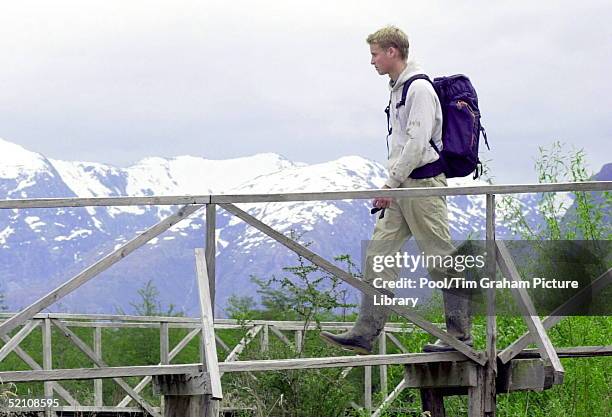 Prince William During His Raleigh International Expedition In Southern Chile, Looking At The Andes Whilst On A Walkway Linking Buildings In The...